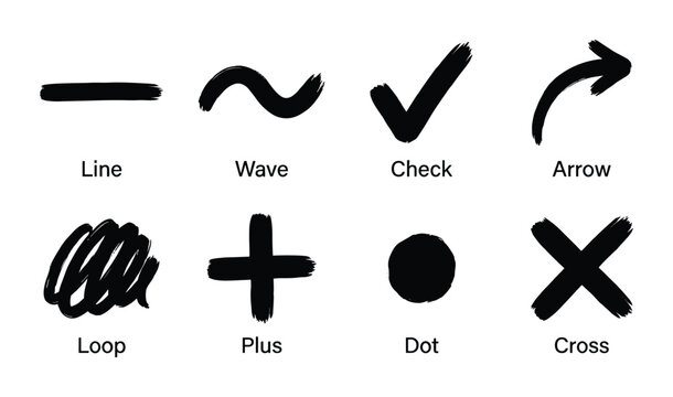 Hand drawn brush stroke shapes. Line wave check arrow loop plus dot and cross marks.