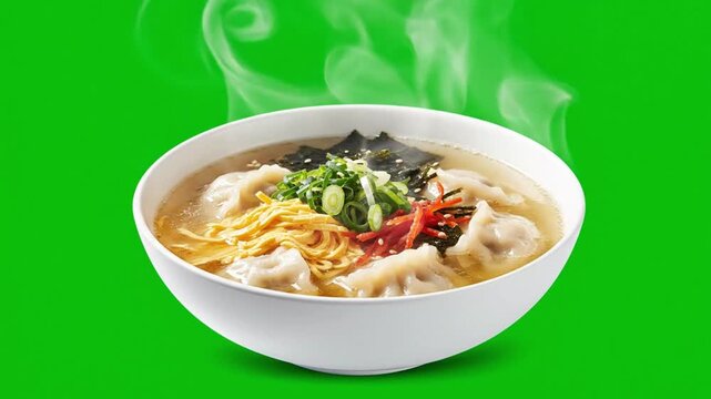 full-view Korean mandu soup isolated on chroma-green background