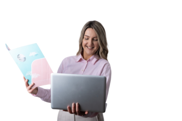 Businesswoman presenting with laptop and document on transparent background