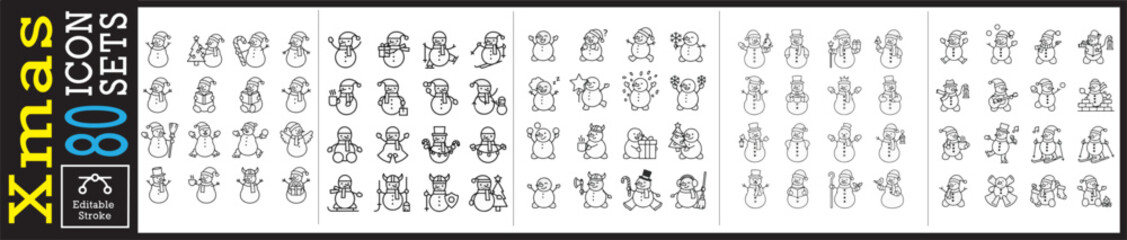 Charming outline snowman icons for winter holiday designs, perfect for cheerful greeting cards, festive banners, and seasonal marketing, editable strokes