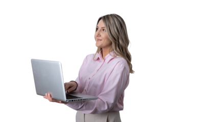 Confident businesswoman working on laptop looking away