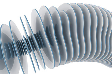 Abstract 3d rendering of a curved wave structure with white discs and blue core, isolated on white