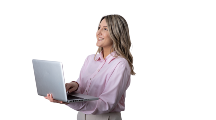 Smiling businesswoman working on laptop, transparent background