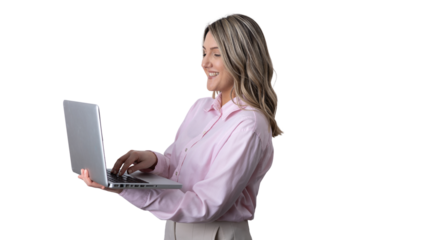 Woman smiling using laptop working remotely on transparent background
