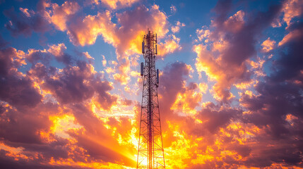 Telecommunication tower silhouette during vibrant orange and purple sunset with dramatic cloudscape sky background communication technology infrastructure