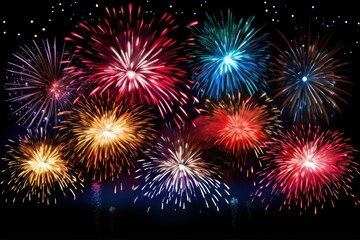 Naklejka premium Vibrant fireworks exploding in the sky night smoke black background.