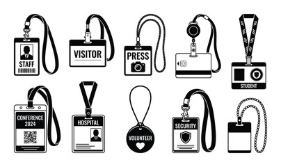 ID badge and lanyard collection. Staff, visitor, press, student, conference, hospital, and security pass symbols.