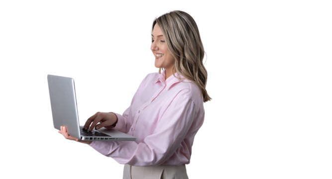 Woman smiling using laptop working remotely on transparent background - Powered by Adobe