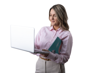 Businesswoman standing using laptop holding folder transparent background