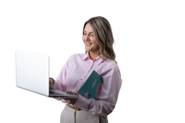 Busy woman standing, working with laptop and smiling