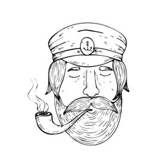 Vector sailor with a pipe. Hand painted linear smoke man illustration. Graphic monochrome sketch isolated on background. For designers, prints, logo, icon, menu, postcards, holiday, covers