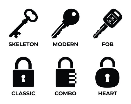 Keys and locks security symbols. Access protection elements. Different lock types. Privacy icons.