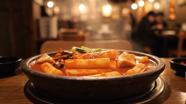 Spicy Tteokbokki Delight: A close-up shot of a steaming bowl of Tteokbokki, a Korean street food, served in a dimly lit restaurant setting, offering a tempting glimpse into the authentic cuisine.
