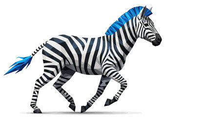 Striking geometric zebra with blue mane gallops across a clean white background