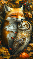 Fototapeta premium Adorable Fox and Owl Cuddling in Autumn Woods Depicting Unusual Animal Friendship and Harmony in Nature