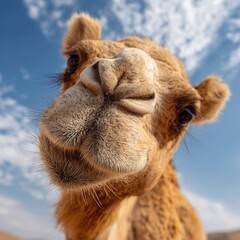 Camel head close-up under blue sky
