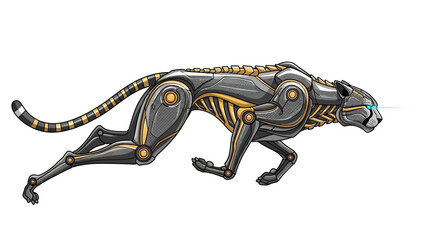 Fototapeta premium Sleek robotic cheetah sprinting with futuristic design and glowing blue laser eyes