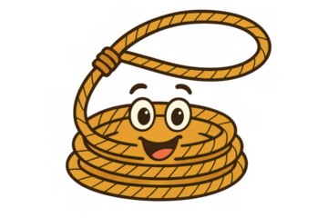 Coiled lasso rope cartoon character smiling and looking cheerful, forming a loop, ready for action on a transparent background