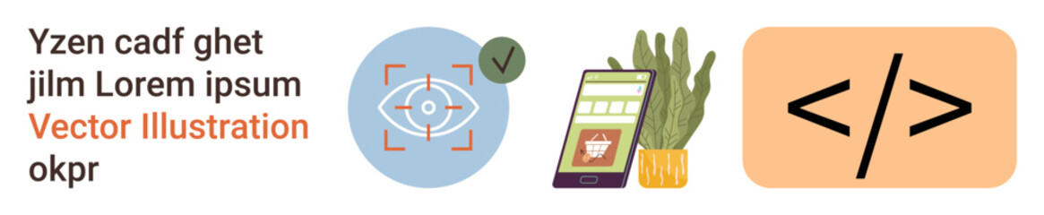 Technology innovation, online shopping, artificial intelligence, coding, web development, cybersecurity. Eye in a target, smartphone with cart coding tag. Visual recognition and online shopping