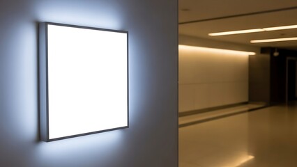 Blank square illuminated advertisement panel on a wall with a blurry hallway background