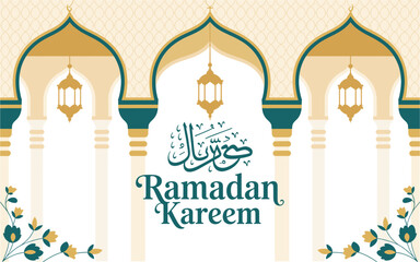 Obraz premium Elegant Ramadan Kareem Greeting Card with Islamic Archway and Lanterns, Ideal for Celebrations and Well-Wishing during the Holy Month