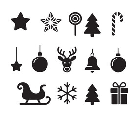 Winter holiday symbols with stars lollipops trees candy canes ornaments deer bells sleigh snowflakes presents