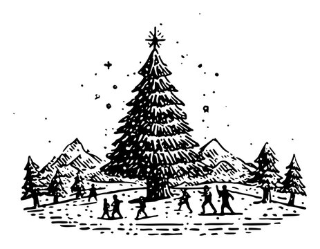 Large Christmas tree in snowy mountain landscape with tiny figures of people woodcut style vector illustration