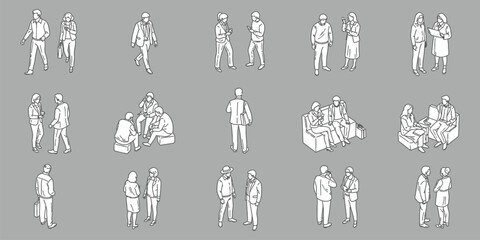 Line Art of People Walking and Talking in Business Casual Attire, Illustration of Isometric Figures in Various Poses, Representing Communication, Collaboration, and Modern Lifestyle vector graphics. 