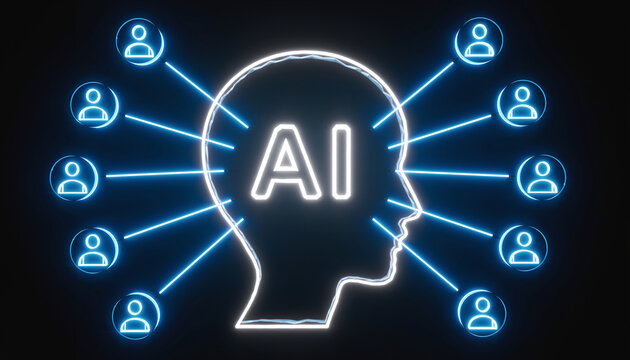 AI Revolution: A neon illustration of an AI head with the letters AI within, connected to several avatar outlines, representing technology's impact on a global scale.