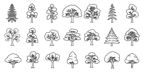 Stylized Tree Collection Vector Silhouette Set for Landscape Design, Forest Illustration, and Natural Environment Representations with Varied Species. 