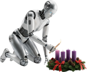A modern humanoid robot kneels and ignites a candle on a festive advent wreath with purple candles and red bows featuring pine cones and green fir branches AI Artificial Intelligence