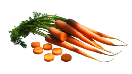 Fresh carrots with green tops and sliced pieces on a dark contrasting background