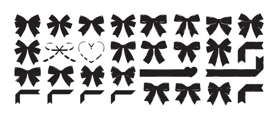 Set of thirty-six black bows and ribbons. vector illustration of simple elegant decor elements for gifts