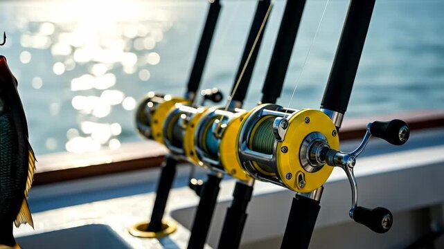 A freshly caught fish hangs from a fishing hook on a boat, with several bright yellow fishing reels lined up in the background.