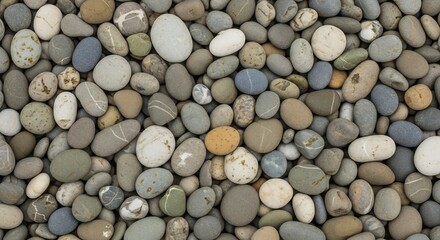 A dense arrangement of polished naturally smooth multicolored pebbles covering the entire frame