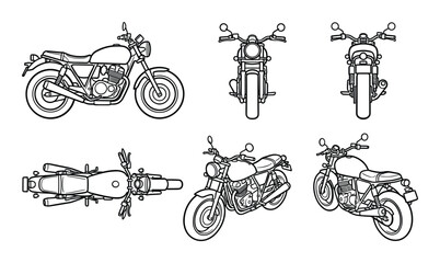Fototapeta premium Motorcycle views set. Side front back top 3/4 front 3/4 rear hand drawn line art illustration.