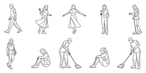 People Cleaning and Exercising Vector Design Elements Pack: Character Drawings for Architectural Interior Designs and Landscaping Plans. 