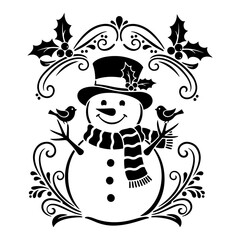 Cute Snowman with Top Hat and Birds in Ornamental Frame Vector