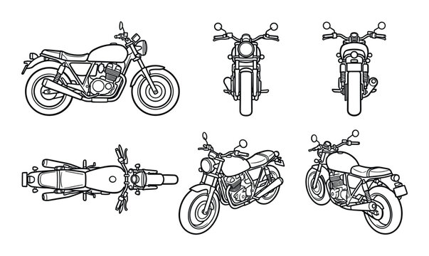 Motorcycle views set. Side front back top 3/4 front 3/4 rear hand drawn line art illustration.
