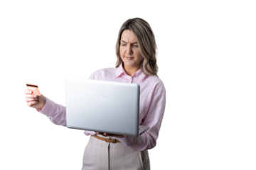 Woman experiencing online payment error holding credit card and laptop