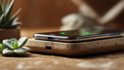 Smartphone charging wirelessly on a wooden charging pad with succulents.