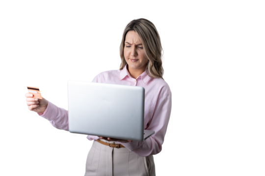 Woman experiencing online payment error holding credit card and laptop - Powered by Adobe
