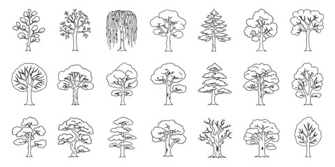 Variety of Tree Outlines Vector Set: Elegant Botanical Tree Illustrations for Landscape Designs, Arbor Day Elements, and Nature-Inspired Projects, Vector Tree graphics elements.