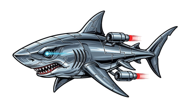 Futuristic robotic shark with glowing eye and rocket boosters ready for underwater action