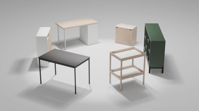 Modern flat pack furniture arranged in a circle with rotating camera shot