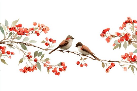 Soft autumn-winter border design with birds and red berries in watercolor for cards