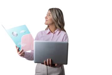 Businesswoman holding laptop and folder looking up inspired