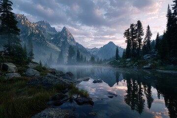 Soft Fog in High Mountain Terrain with Dramatic Ridges and a Still Water Mirror