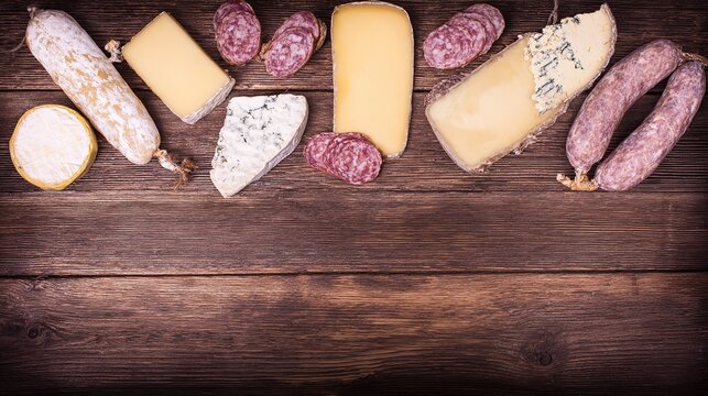 charcuterie. Gourmet selection of cheeses and sausages arranged on a wooden surface, top view. menu design, packaging mockups, designed for food delivery and cloud-kitchen brand materials.