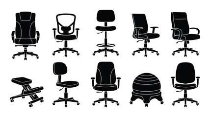 Office chairs collection. Ergonomic, stool, and exercise ball designs. Workspace furniture. Seating options vector.